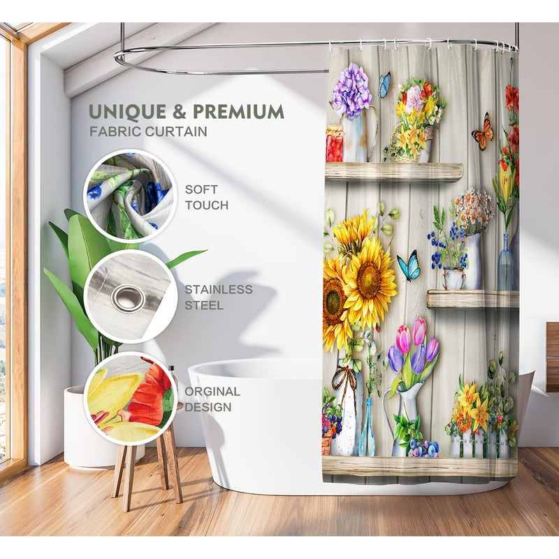 Lokigo Flower Shelves Shower Curtain Boho Farmhouse Shower Curtain Rustic Country Floral Shower Curtains for Bathroom Waterproof Fabric Shower Curtain Set with Hooks Farmhouse Bathroom Curtain Decor 72x72 - Image 2